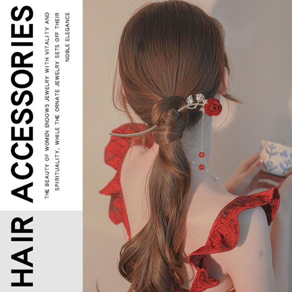 Retro Rose Flower Hair Clips Metal Pearl Tassel Hair Accessories for Women - Picture 2 of 8